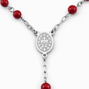 medalion decorativ din inox pe rozariu religios din coral