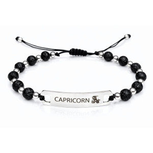 Brățară cu mărgele din lavă vulcanică și placă din inox gravată zodia Capricorn