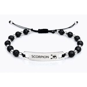 Brățară cu mărgele din lavă vulcanică și placă din inox gravată zodia Scorpion