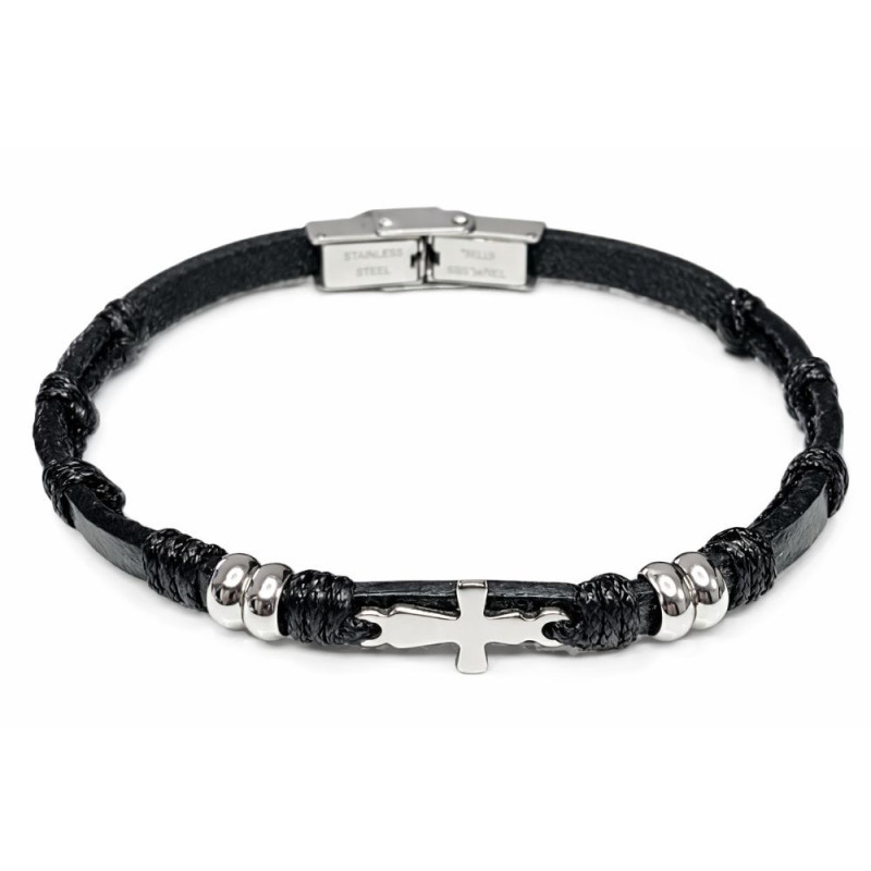 Brățară din piele naturală cu cruce din inox unisex