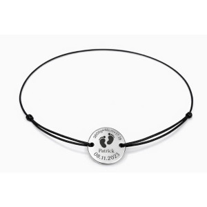Brățară personalizată pentru nou născut cu șnur negru și bănuț din inox gravat