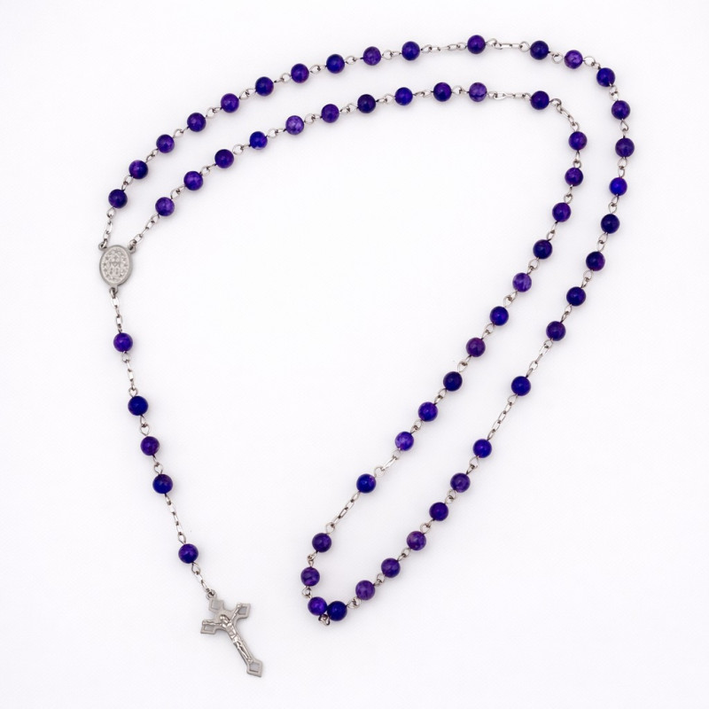 rozariu din ametist cu accesorii inox cruce religioasa
