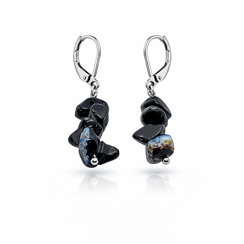 cercei handmade din inox cu piatra semipretioasa obsidian fulg de nea