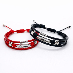 Set brățări personalizate pentru cuplu din piele, roșu și negru, gravare nume